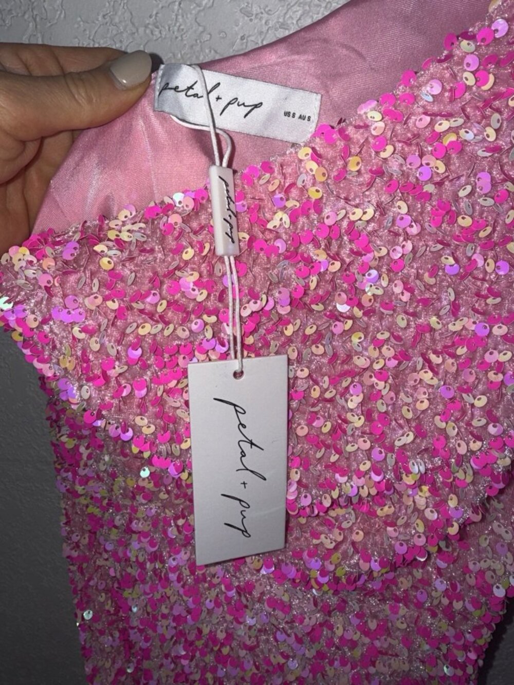 Petal & pup Pink One Shoulder Sequin Mini Dress Velvet Dance Formal Gala Small P - Picture 11 of 15